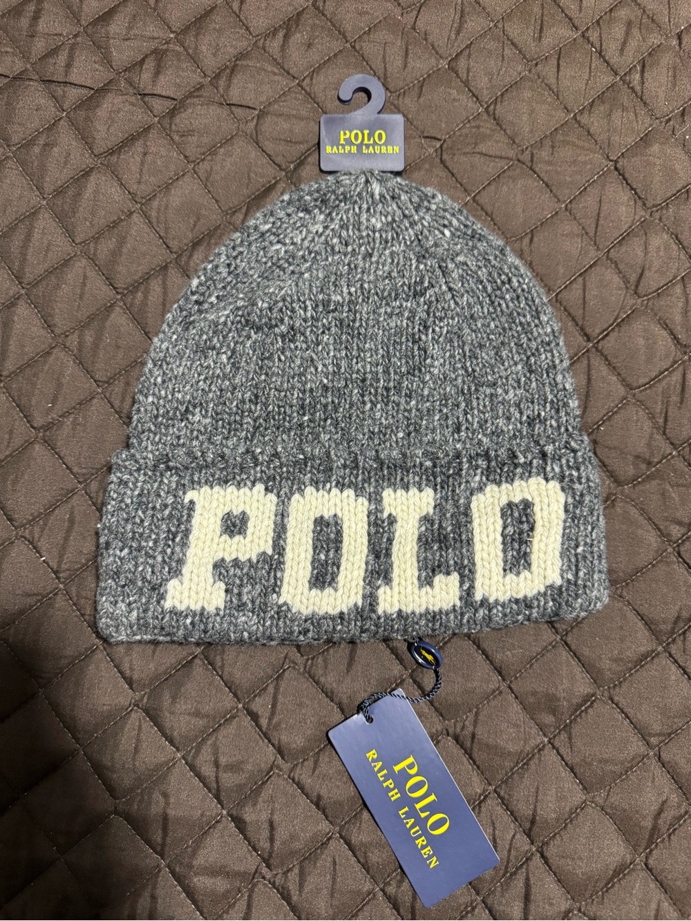 Polo by Ralph Lauren Gray Knit Beanie with Cream 'POLO' Cuff